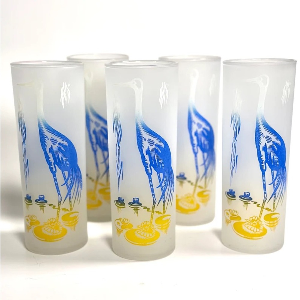 Vintage Glasses Tom Colins, Frosted, Cranes, 50s